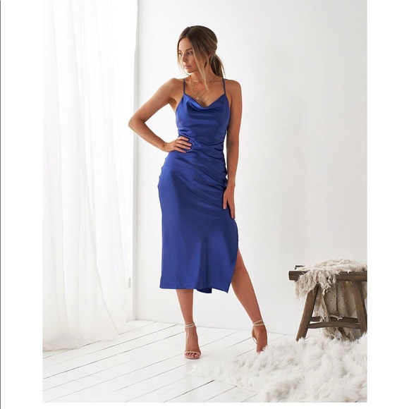 Blue Satin Midi Dress - Picture 1 of 3